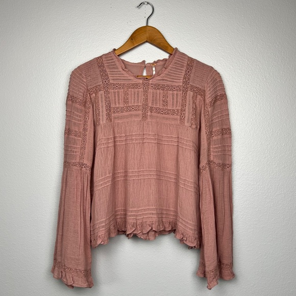 Free People Peony Olivia Eyelet Lace Blouse in Dusty Rose Pink with Long Sleeves - Picture 6 of 10